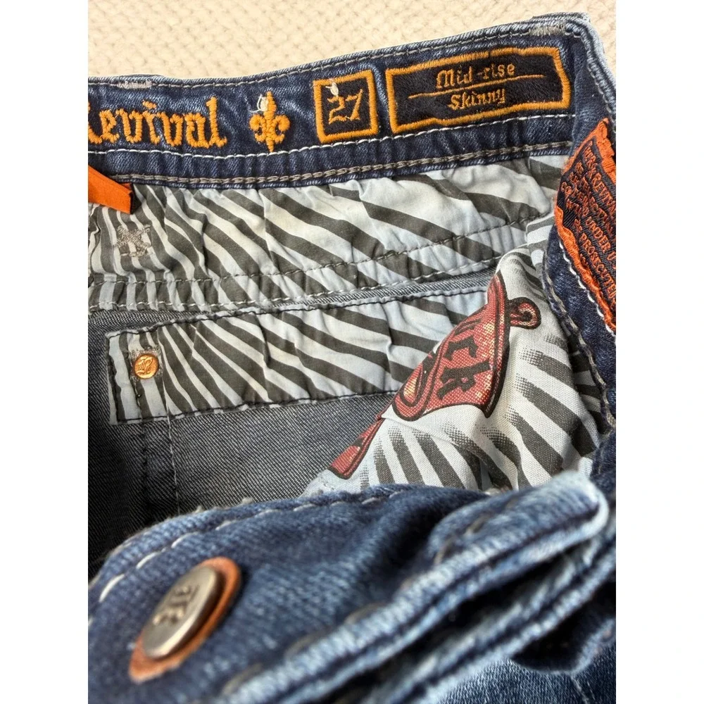 Rock Revival Muna Mid-Rise Skinny Jeans Blue Embroidered Pockets 27